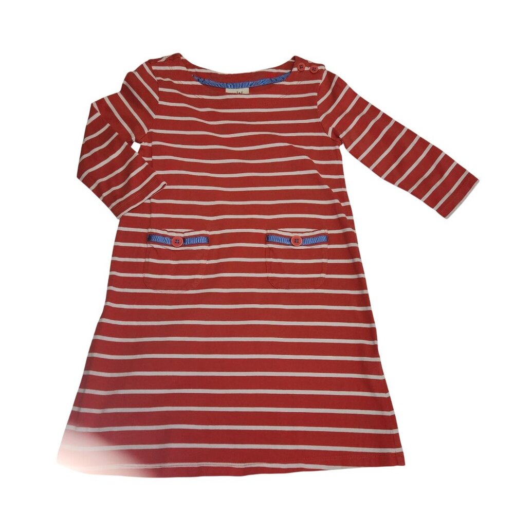 Mini Boden Girls Red & White Striped Cotton Dress With Pockets & Button Details